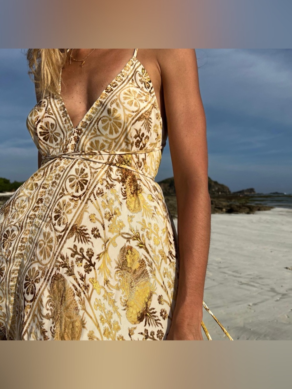 100% Silk Gold & Cream Floral V-Neck Boho  Maxi Dress with tassels Onesize